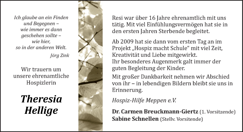  Traueranzeige für Theresia Hellige vom 17.03.2018 aus Neue Osnabrücker Zeitung GmbH & Co. KG