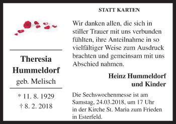 Traueranzeige von Theresia Hummeldorf von Neue Osnabrücker Zeitung GmbH & Co. KG