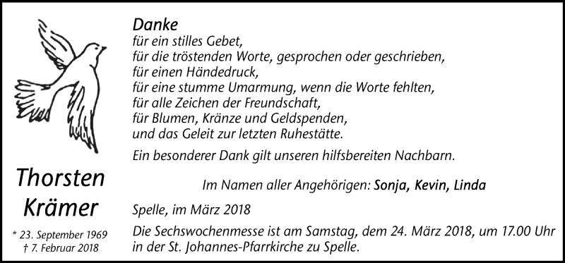  Traueranzeige für Thorsten Krämer vom 21.03.2018 aus Neue Osnabrücker Zeitung GmbH & Co. KG