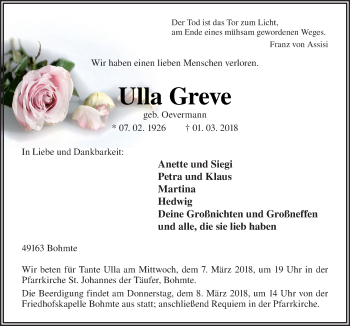 Traueranzeige von Ulla Greve von Neue Osnabrücker Zeitung GmbH & Co. KG