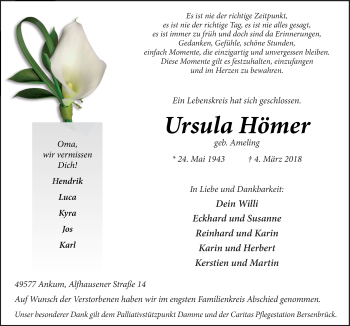 Traueranzeige von Ursula Hömer von Neue Osnabrücker Zeitung GmbH & Co. KG