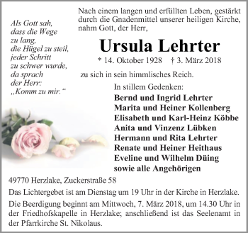 Traueranzeige von Ursula Lehrter von Neue Osnabrücker Zeitung GmbH & Co. KG