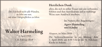 Traueranzeige von Walter Harmeling von Neue Osnabrücker Zeitung GmbH & Co. KG