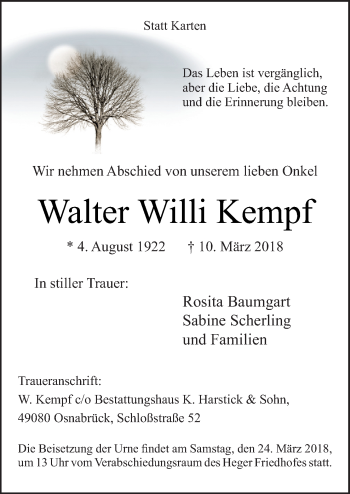 Traueranzeige von Walter Willi Kempf von Neue Osnabrücker Zeitung GmbH & Co. KG