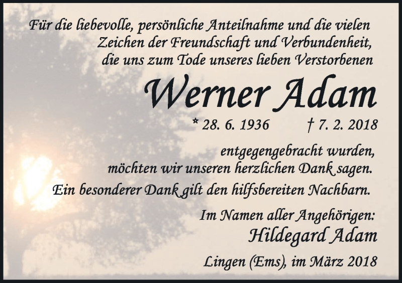  Traueranzeige für Werner Adam vom 17.03.2018 aus Neue Osnabrücker Zeitung GmbH & Co. KG