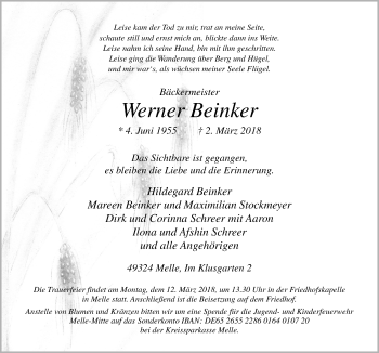 Traueranzeige von Werner Beinker von Neue Osnabrücker Zeitung GmbH & Co. KG