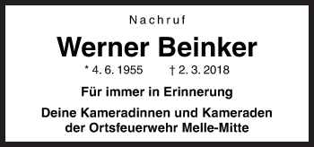 Traueranzeige von Werner Beinker von Neue Osnabrücker Zeitung GmbH & Co. KG