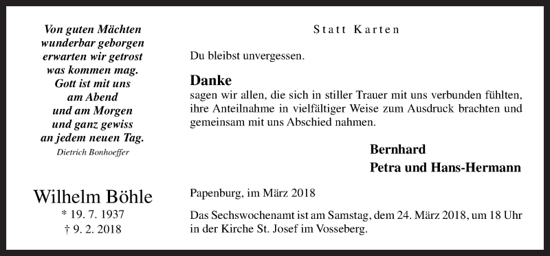  Traueranzeige für Wilhelm Böhle vom 21.03.2018 aus Neue Osnabrücker Zeitung GmbH & Co. KG