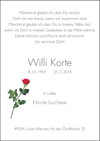 Traueranzeige von Willi Korte von Neue Osnabrücker Zeitung GmbH & Co. KG