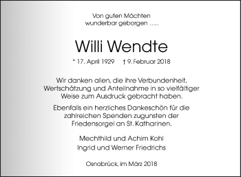 Traueranzeige von Willi Wendte von Neue Osnabrücker Zeitung GmbH & Co. KG