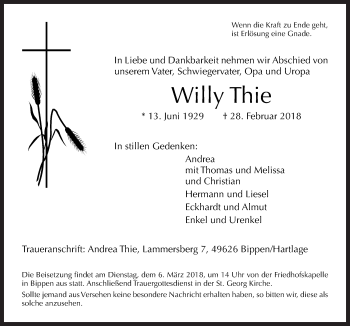 Traueranzeige von Willy Thie von Neue Osnabrücker Zeitung GmbH & Co. KG