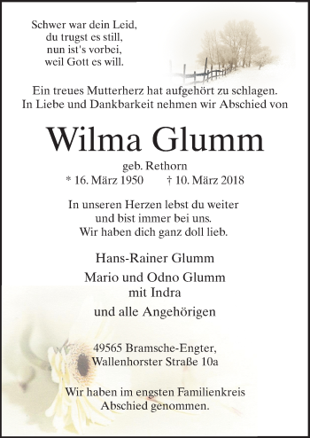 Traueranzeige von Wilma Glumm von Neue Osnabrücker Zeitung GmbH & Co. KG