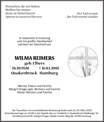 Traueranzeige von Wilma Reimers von Neue Osnabrücker Zeitung GmbH & Co. KG