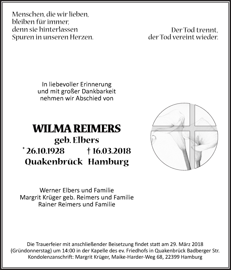 Traueranzeige für Wilma Reimers vom 24.03.2018 aus Neue Osnabrücker Zeitung GmbH & Co. KG