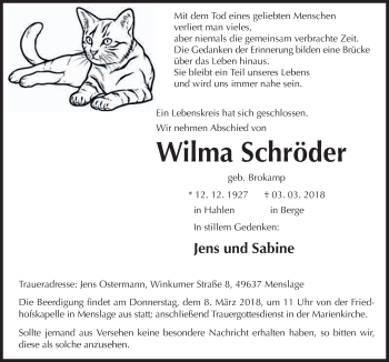 Traueranzeige von Wilma Schröder von Neue Osnabrücker Zeitung GmbH & Co. KG