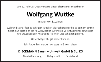 Traueranzeige von Wolfgang Wuttke von Neue Osnabrücker Zeitung GmbH & Co. KG