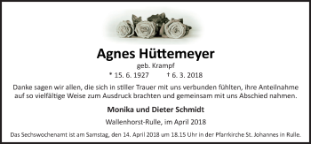 Traueranzeige von Agnes Hüttemeyer von Neue Osnabrücker Zeitung GmbH & Co. KG