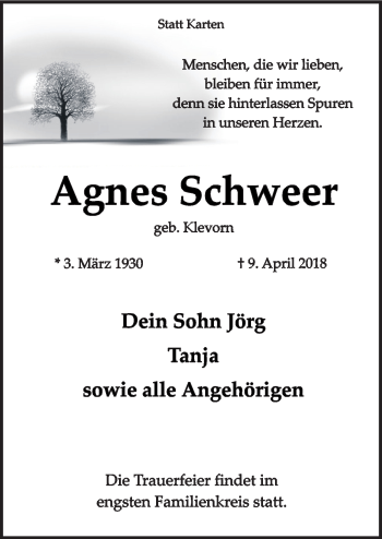 Traueranzeige von Agnes Schweer von Neue Osnabrücker Zeitung GmbH & Co. KG