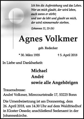 Traueranzeige von Agnes Volkmer von Neue Osnabrücker Zeitung GmbH & Co. KG