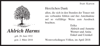 Traueranzeige von Ahlrich Harms von Neue Osnabrücker Zeitung GmbH & Co. KG