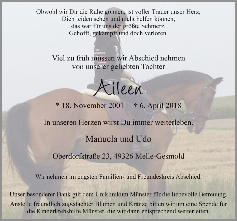  Traueranzeige für Aileen Weßler vom 09.04.2018 aus Neue Osnabrücker Zeitung GmbH & Co. KG