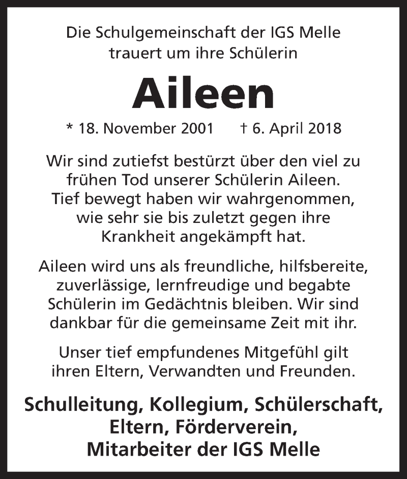  Traueranzeige für Aileen Weßler vom 14.04.2018 aus Neue Osnabrücker Zeitung GmbH & Co. KG