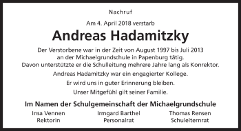 Traueranzeige von Andreas Hadamitzky von Neue Osnabrücker Zeitung GmbH & Co. KG