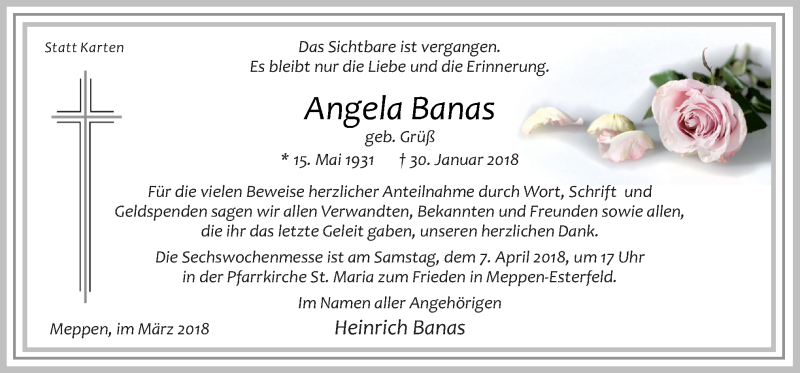  Traueranzeige für Angela Banas vom 31.03.2018 aus Neue Osnabrücker Zeitung GmbH & Co. KG