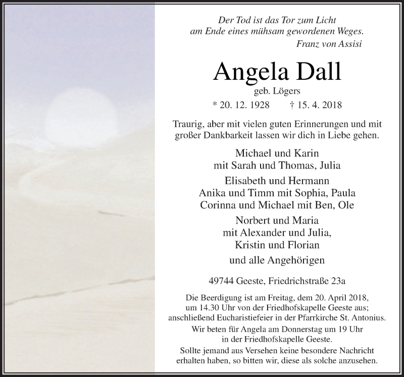  Traueranzeige für Angela Dall vom 17.04.2018 aus Neue Osnabrücker Zeitung GmbH & Co. KG