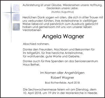 Traueranzeige von Angela Wagner von Neue Osnabrücker Zeitung GmbH & Co. KG