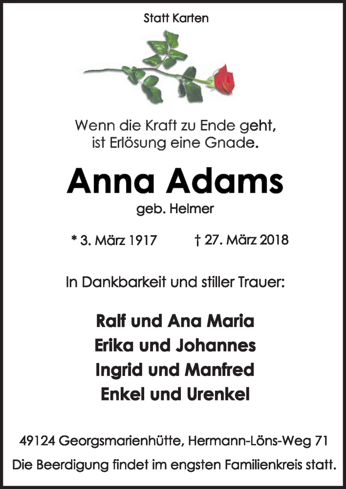  Traueranzeige für Anna Adams vom 31.03.2018 aus Neue Osnabrücker Zeitung GmbH & Co. KG