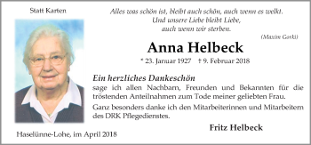 Traueranzeige von Anna Helbeck von Neue Osnabrücker Zeitung GmbH & Co. KG