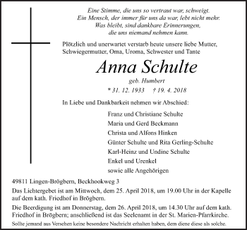 Traueranzeige von Anna Schulte von Neue Osnabrücker Zeitung GmbH & Co. KG