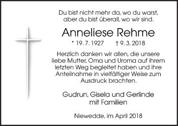 Traueranzeige von Anneliese Rehme von Neue Osnabrücker Zeitung GmbH & Co. KG