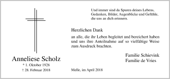 Traueranzeige von Anneliese Scholz von Neue Osnabrücker Zeitung GmbH & Co. KG