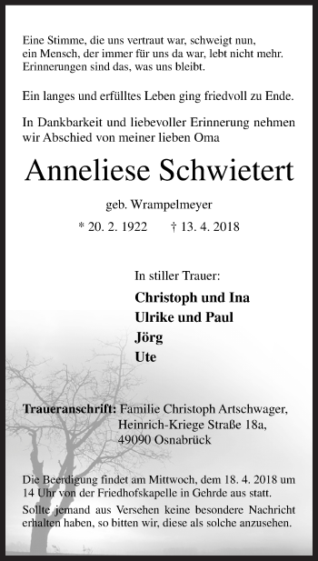 Traueranzeige von Anneliese Schwietert von Neue Osnabrücker Zeitung GmbH & Co. KG