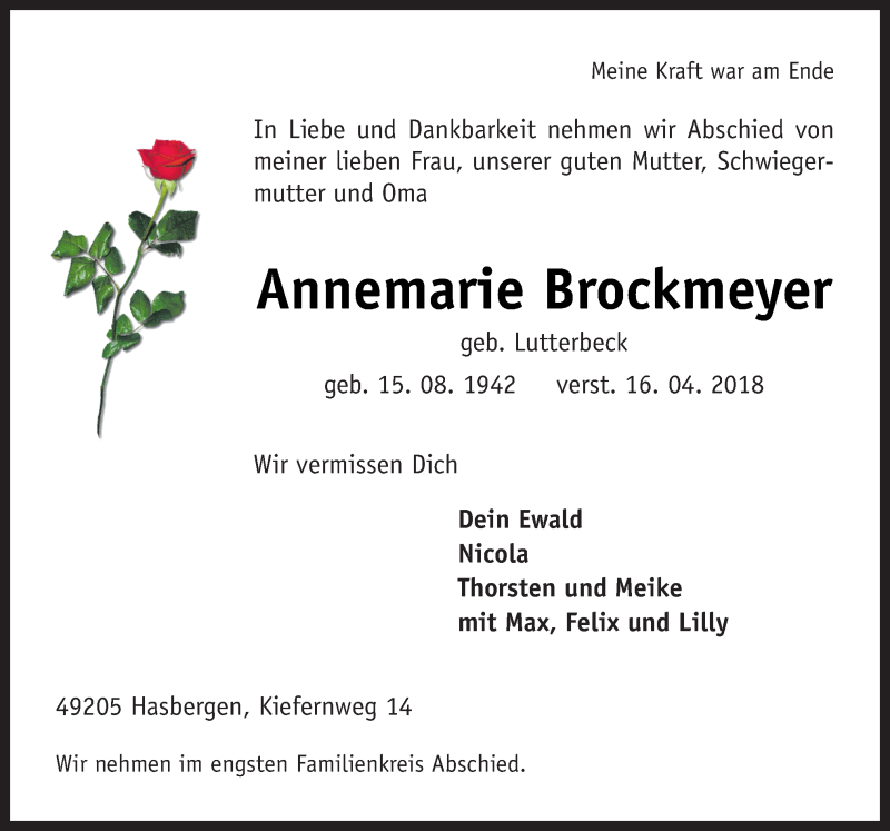  Traueranzeige für Annemarie Brockmeyer vom 21.04.2018 aus Neue Osnabrücker Zeitung GmbH & Co. KG