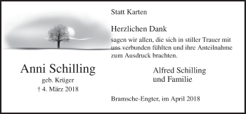 Traueranzeige von Anni Schilling von Neue Osnabrücker Zeitung GmbH & Co. KG