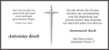 Traueranzeige von Antonius Koch von Neue Osnabrücker Zeitung GmbH & Co. KG