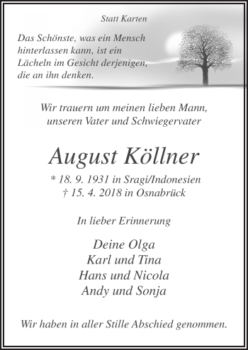 Traueranzeige von August Köllner von Neue Osnabrücker Zeitung GmbH & Co. KG
