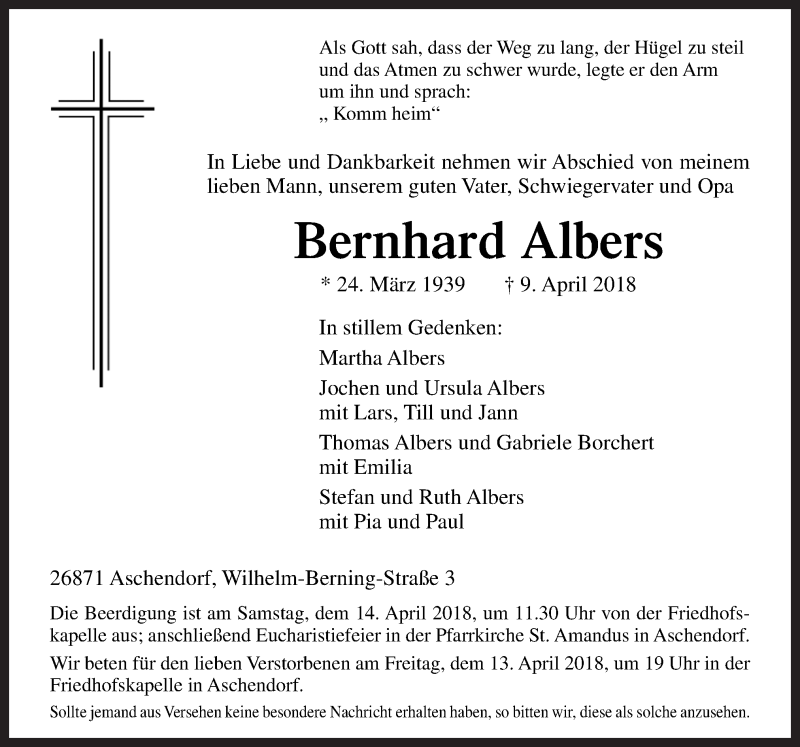  Traueranzeige für Bernhard Albers vom 12.04.2018 aus Neue Osnabrücker Zeitung GmbH & Co. KG