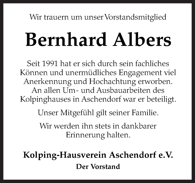  Traueranzeige für Bernhard Albers vom 13.04.2018 aus Neue Osnabrücker Zeitung GmbH & Co. KG
