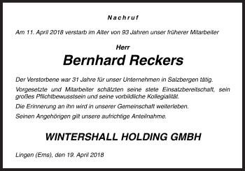 Traueranzeige von Bernhard Reckers von Neue Osnabrücker Zeitung GmbH & Co. KG