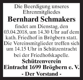 Traueranzeige von Bernhard Schmakers von Neue Osnabrücker Zeitung GmbH & Co. KG