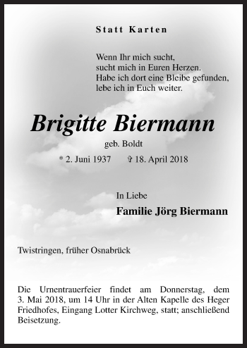 Traueranzeige von Brigitte Biermann von Neue Osnabrücker Zeitung GmbH & Co. KG