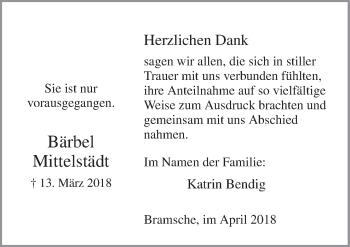 Traueranzeige von Bärbel Mittelstädt von Neue Osnabrücker Zeitung GmbH & Co. KG