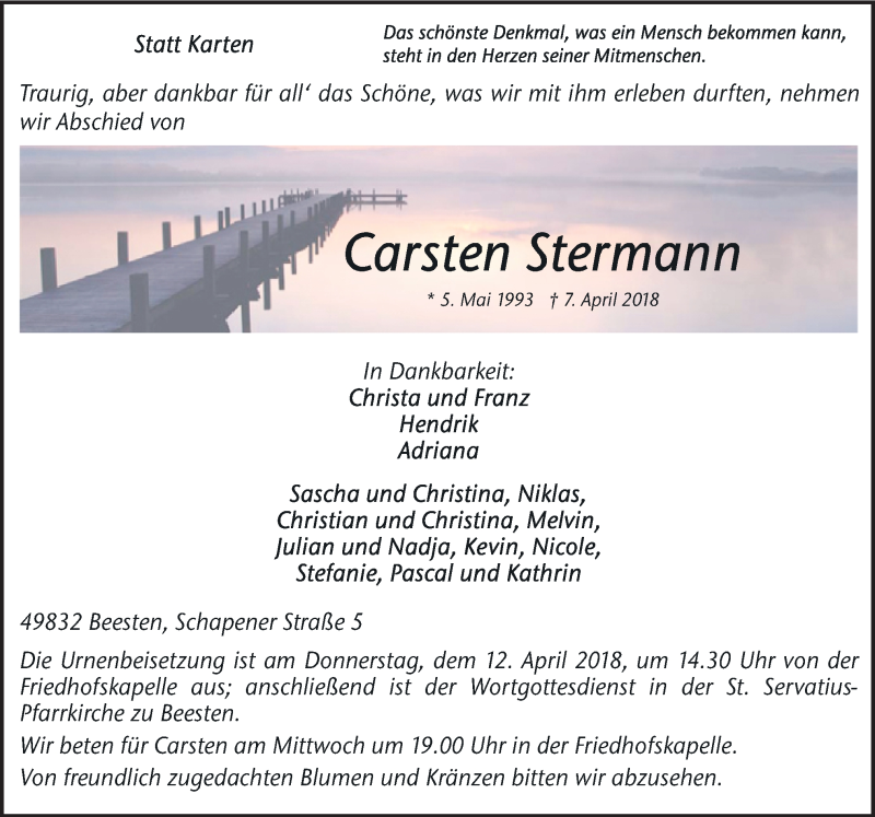  Traueranzeige für Carsten Stermann vom 09.04.2018 aus Neue Osnabrücker Zeitung GmbH & Co. KG