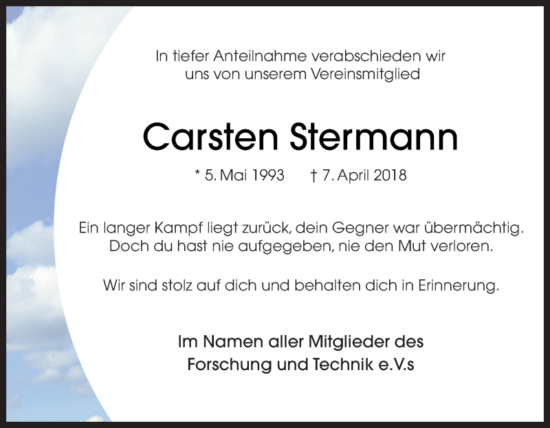  Traueranzeige für Carsten Stermann vom 13.04.2018 aus Neue Osnabrücker Zeitung GmbH & Co. KG