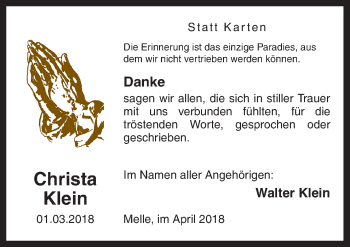 Traueranzeige von Christa Klein von Neue Osnabrücker Zeitung GmbH & Co. KG