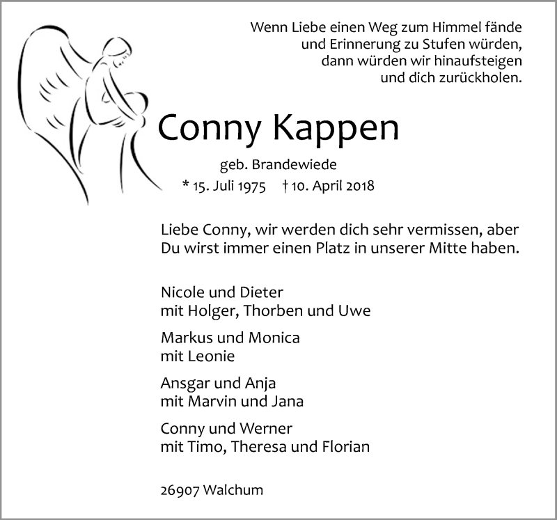  Traueranzeige für Conny Kappen vom 13.04.2018 aus Neue Osnabrücker Zeitung GmbH & Co. KG